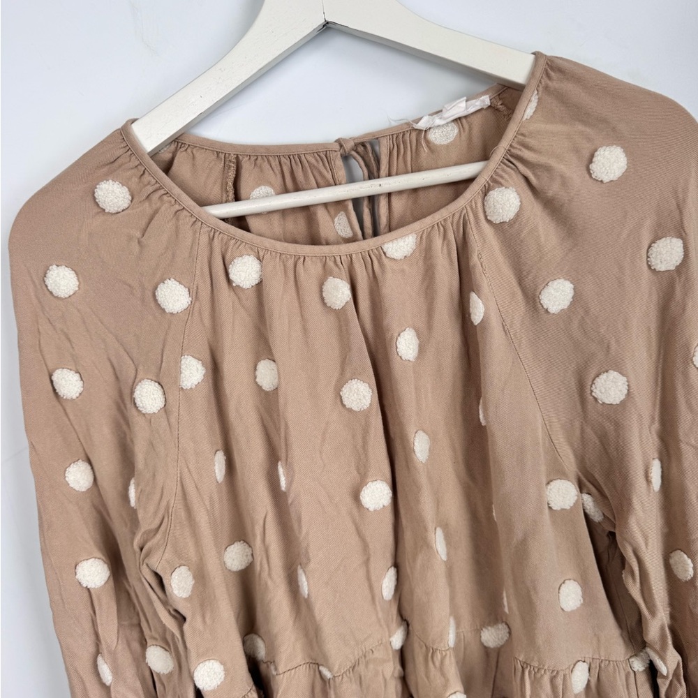 Blu Pepper Kaki & Ivory Polka Dot Round Neck Tie Babydoll Top Size Large - Picture 7 of 10